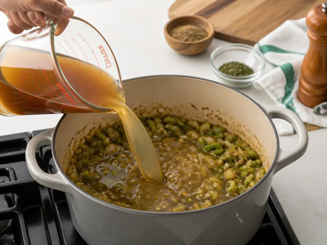 seafood gumbo recipe — step 4: add stock and seasoning
