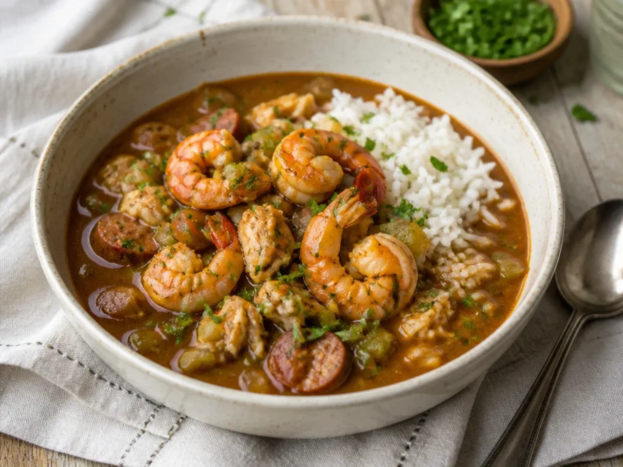 Bowl of homemade seafood gumbo recipe with shrimp and rice on a rustic table
