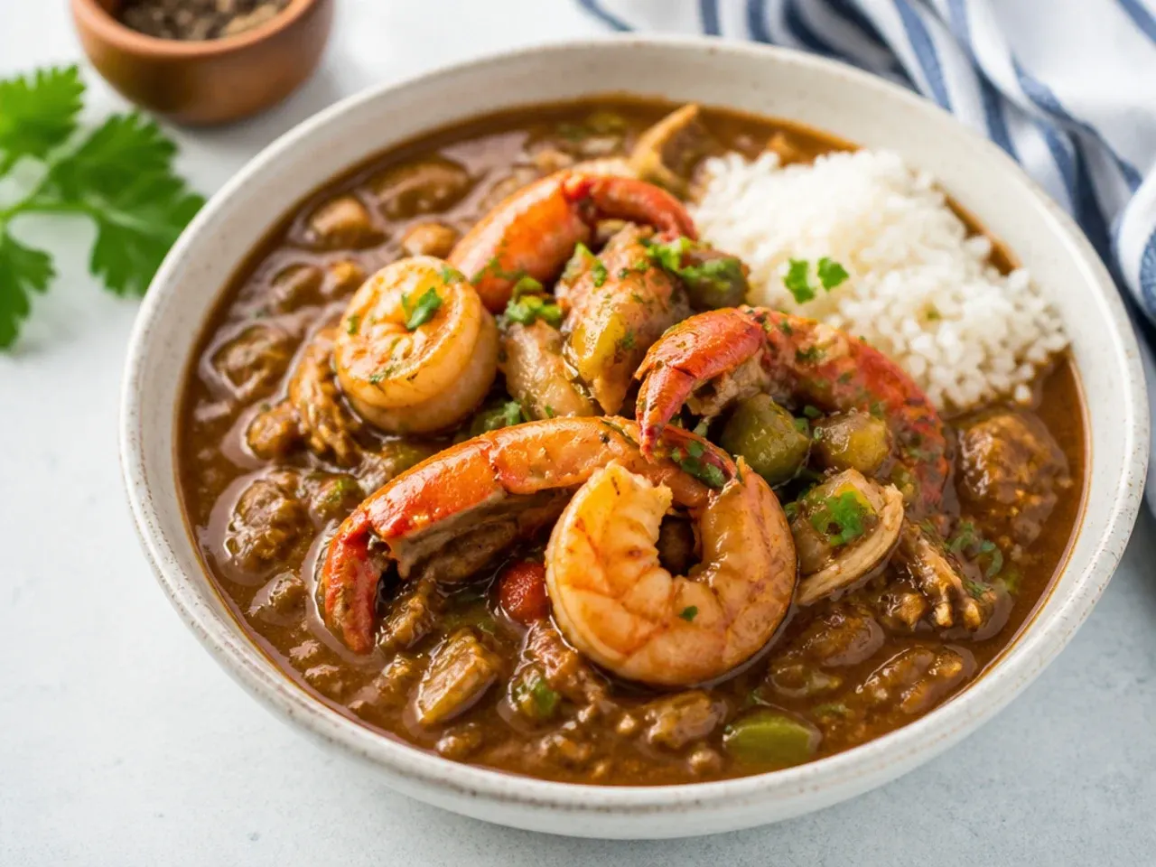 Classic Louisiana seafood gumbo recipe with dark roux, shrimp and crab over rice