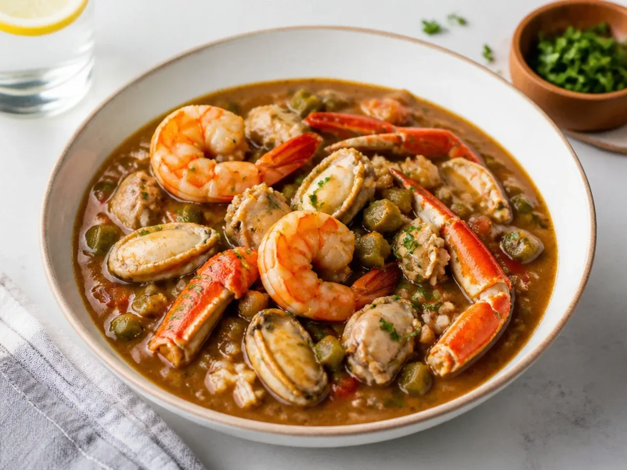 Elegant seafood gumbo recipe with crab, oysters and jumbo shrimp in a shallow bowl