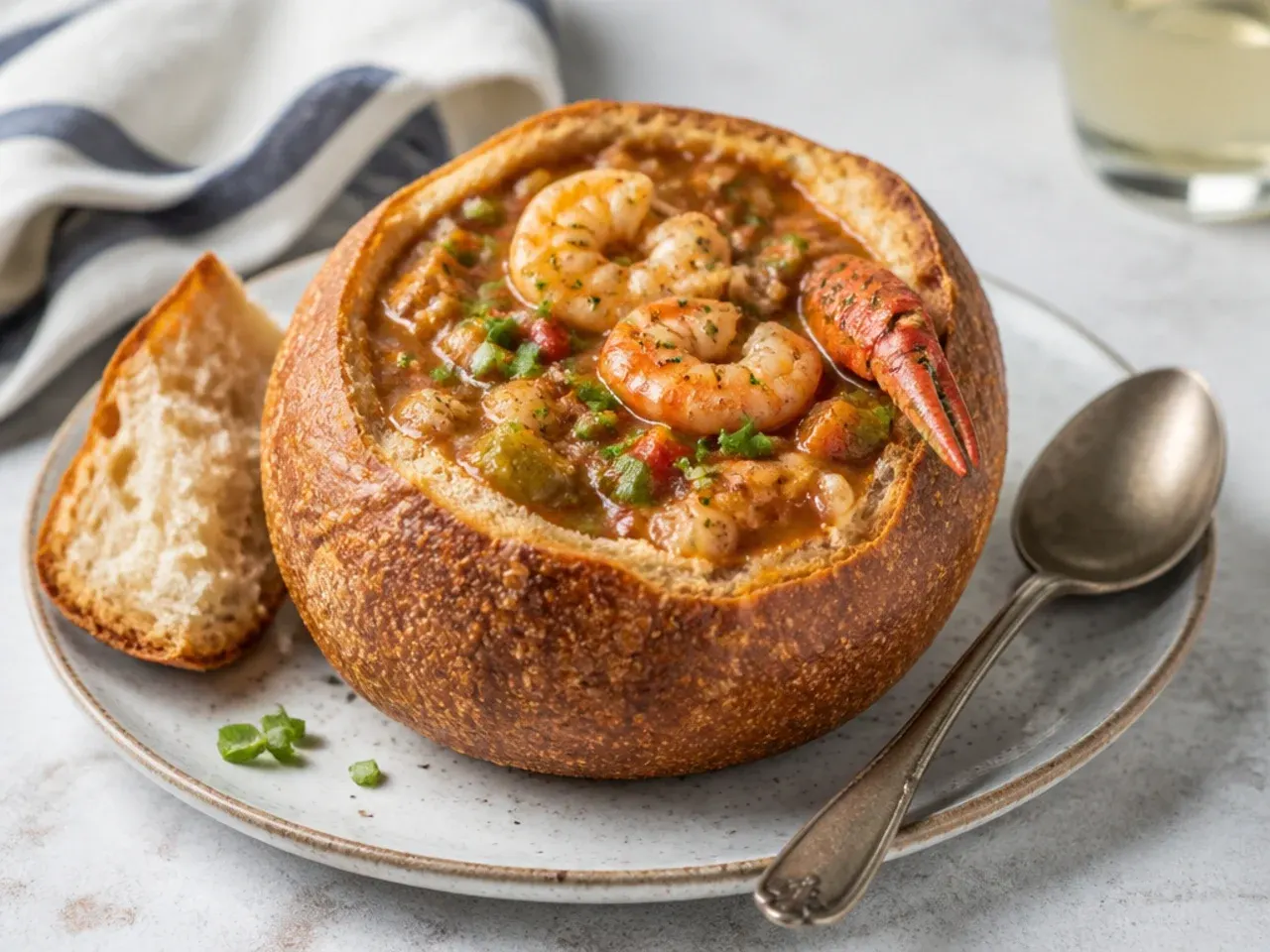 Playful seafood gumbo recipe served in toasted sourdough bread bowls