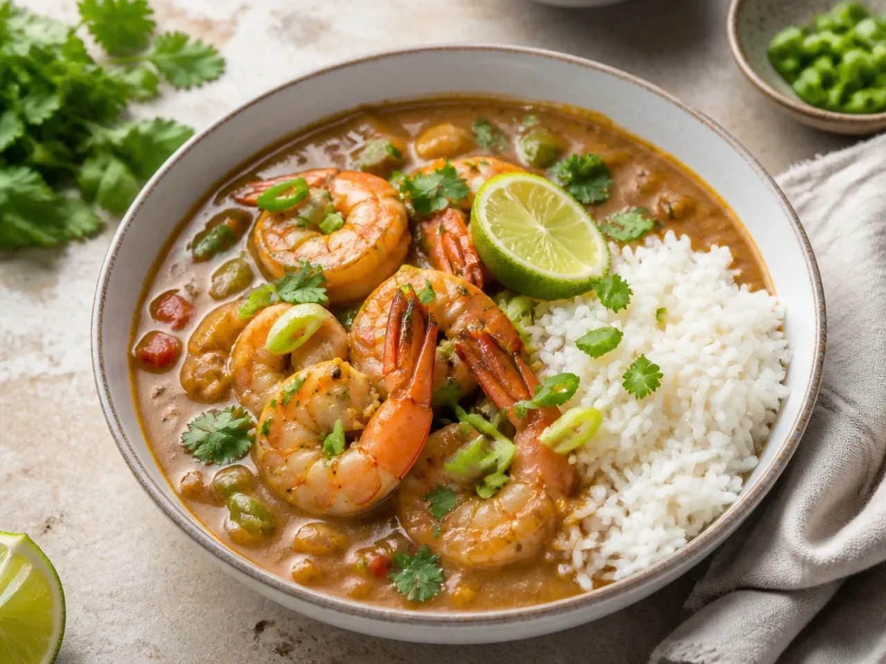 Modern coconut-lime seafood gumbo recipe with shrimp over jasmine rice