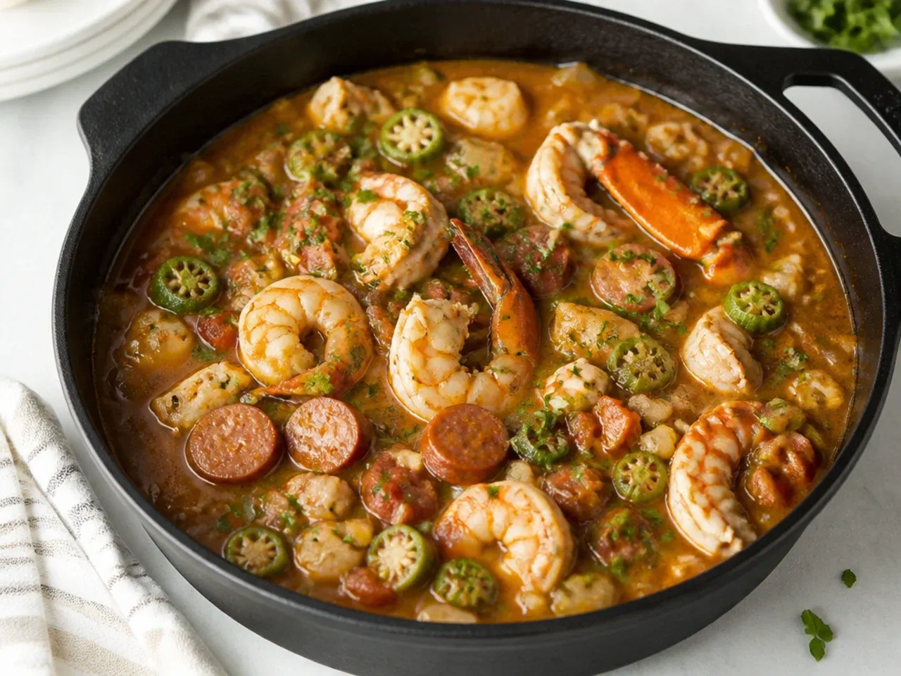 Rustic okra and andouille seafood gumbo recipe in a cast-iron pot