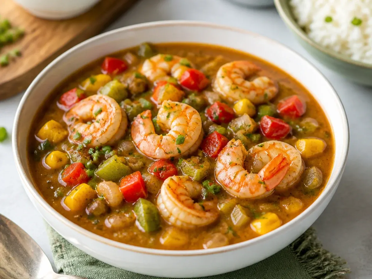 Colorful seafood gumbo recipe with rainbow bell peppers, corn and shrimp