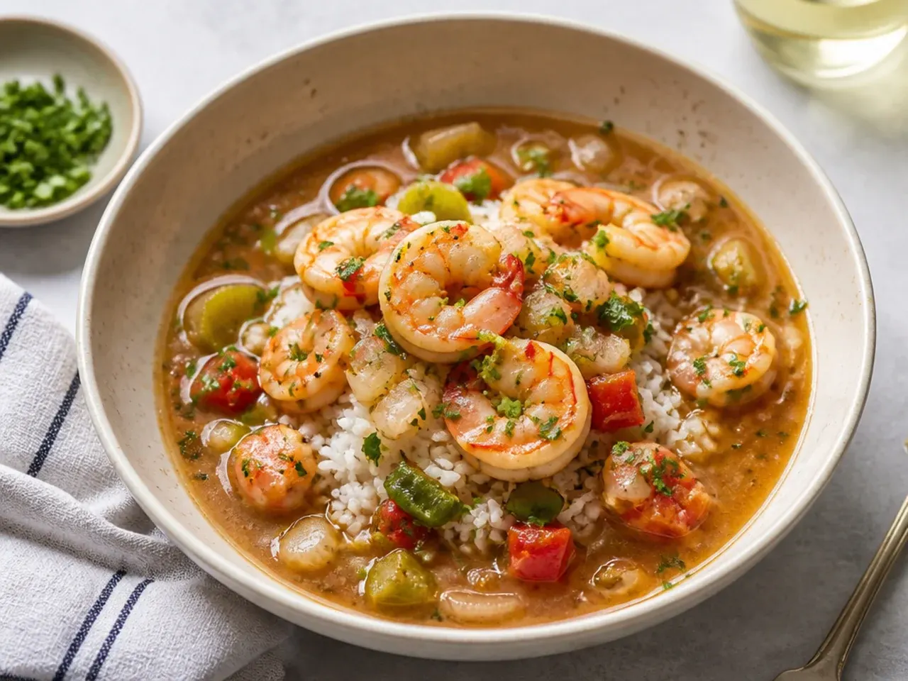Minimal shrimp seafood gumbo recipe with a short ingredient list over rice