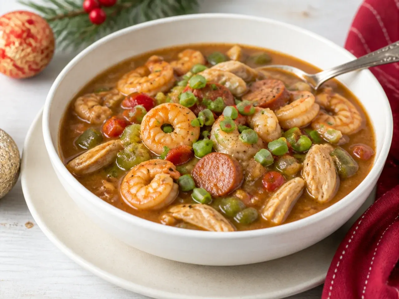 Festive holiday seafood gumbo ya-ya recipe with chicken, sausage and shrimp