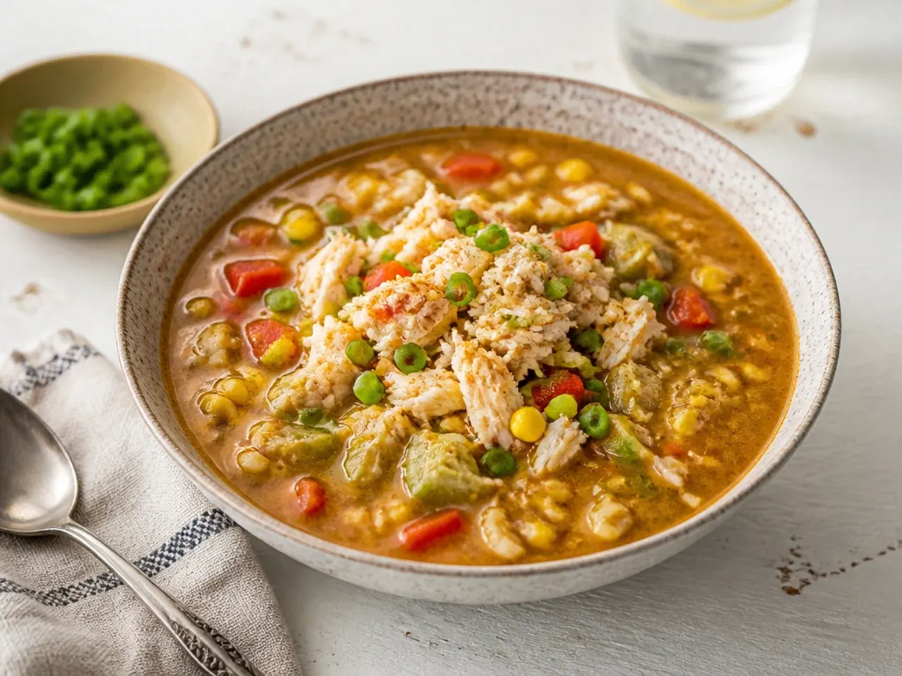 Whimsical corn and crab seafood gumbo recipe with sweet corn kernels