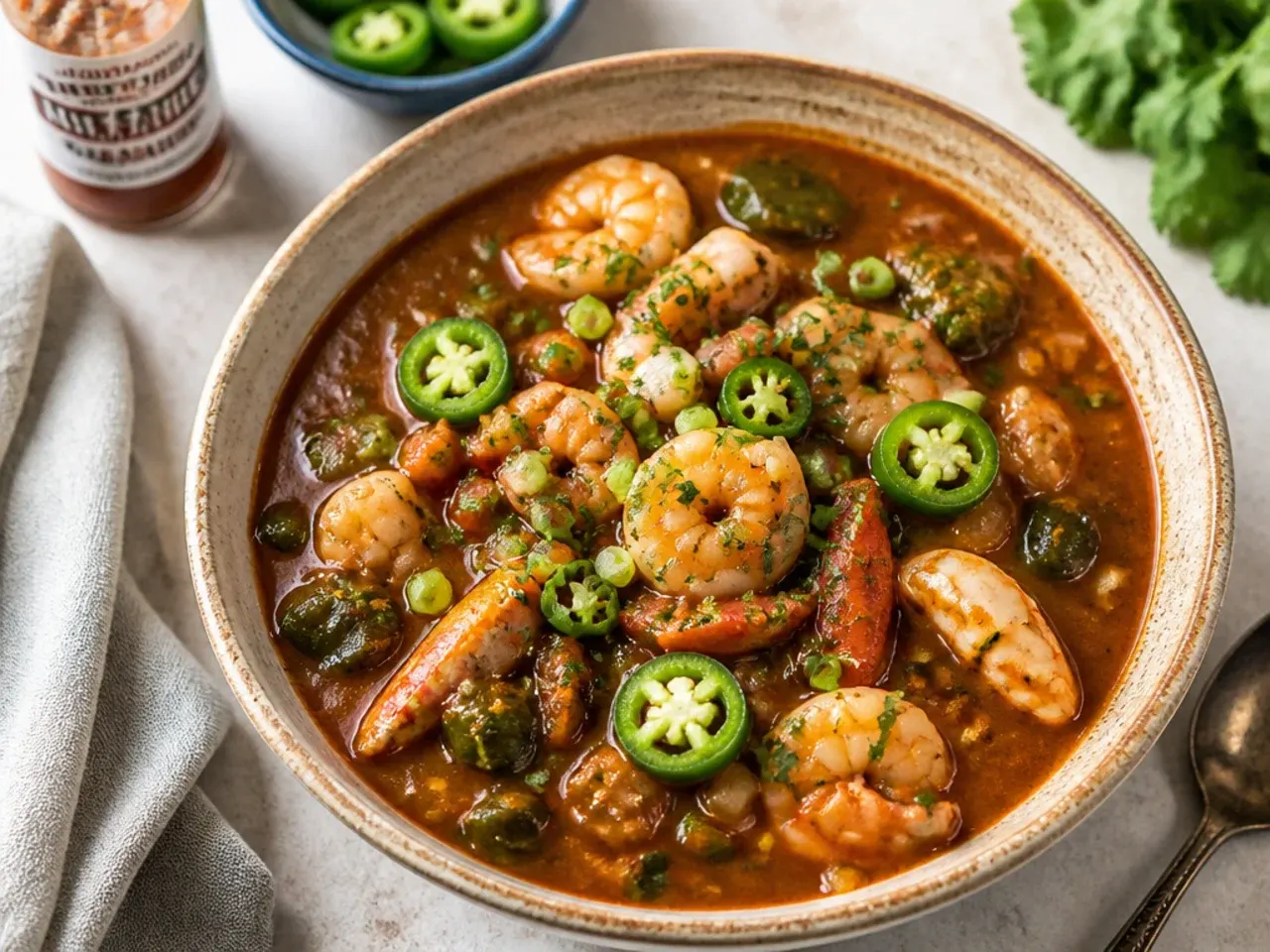 Bold extra-spicy Cajun seafood gumbo recipe with jalapenos and hot sauce