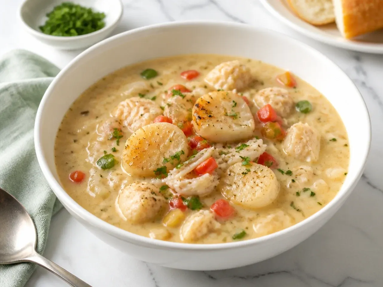 Delicate white seafood gumbo recipe with a light roux, scallops and crab