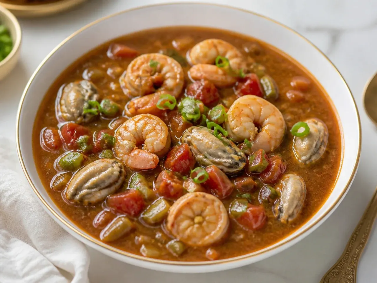 Vintage New Orleans Creole seafood gumbo recipe with tomatoes, shrimp and oysters