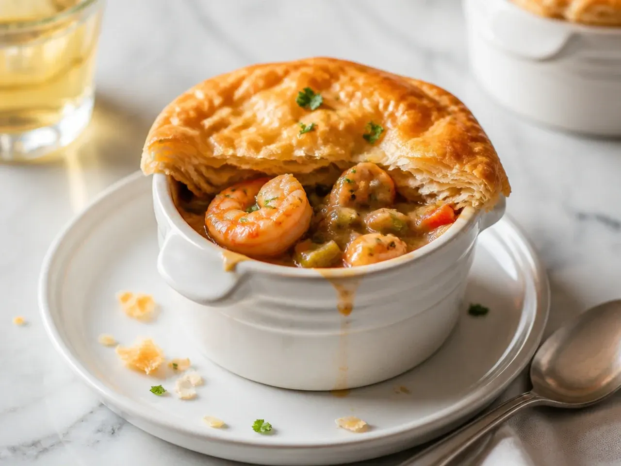 Charming individual seafood gumbo recipe baked in ramekins with puff pastry lids