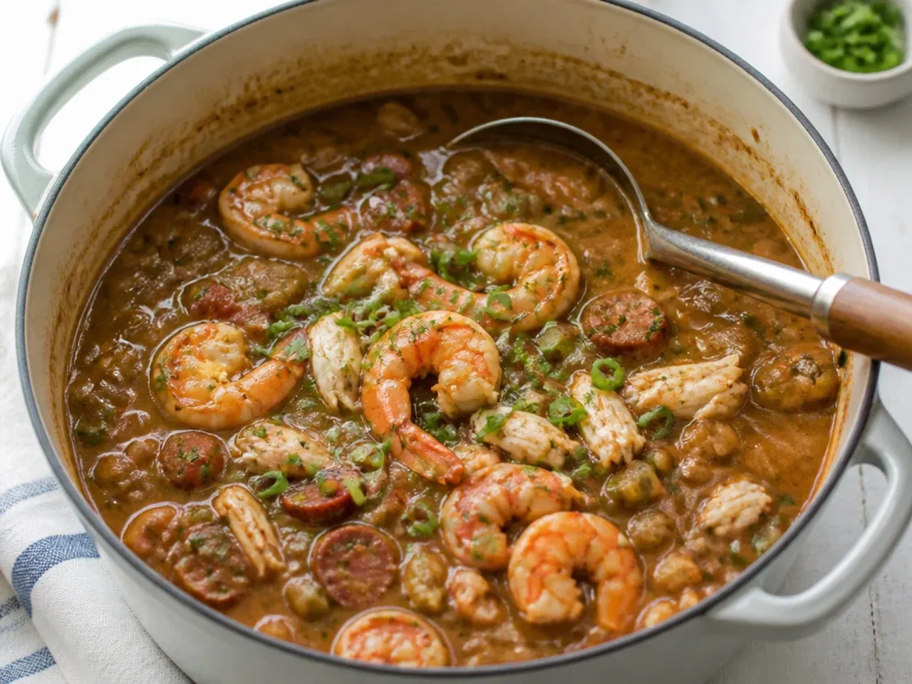 Classic weekend shrimp and crab seafood gumbo recipe simmering in a large pot