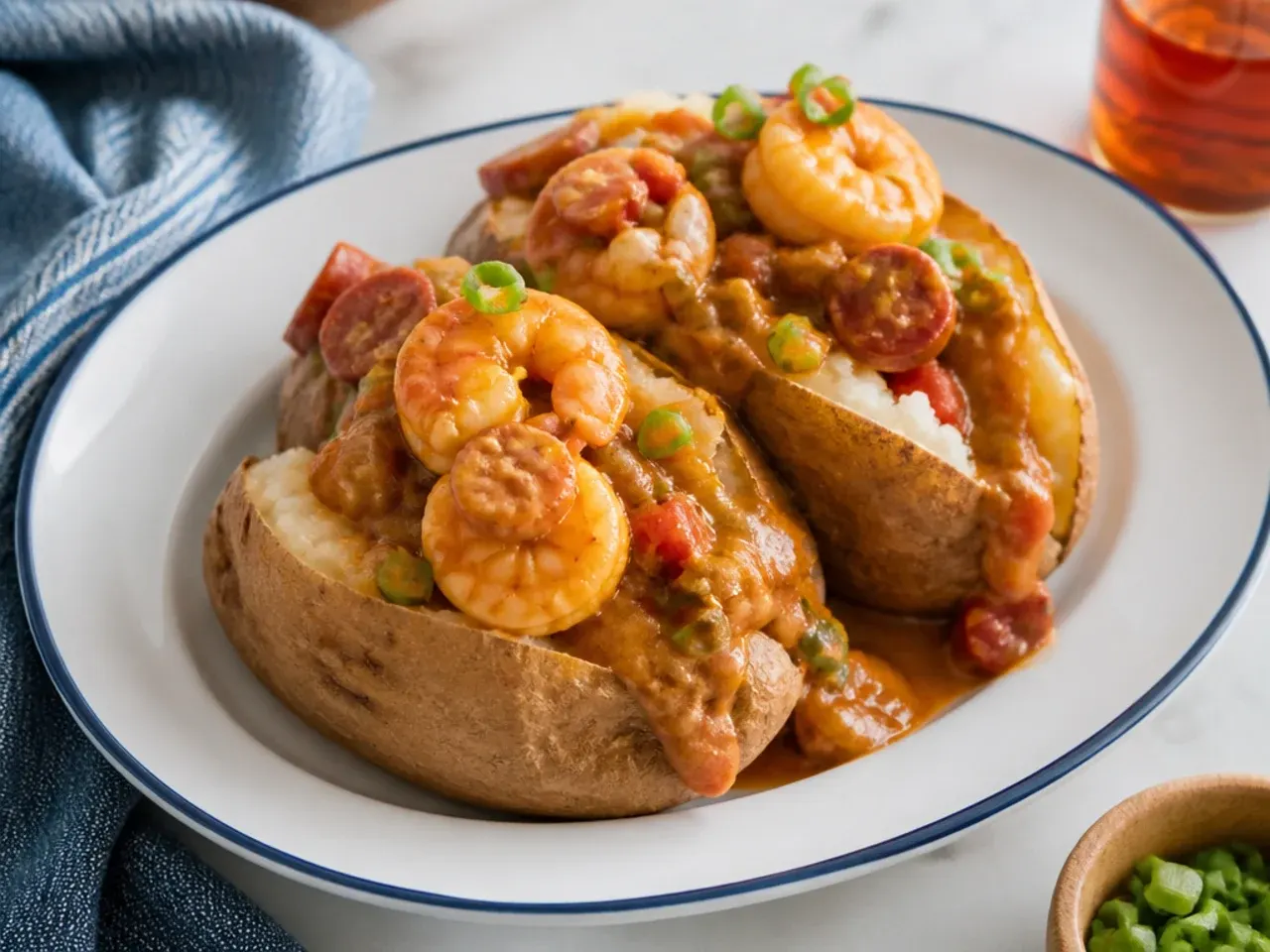 Playful seafood gumbo recipe ladled over split loaded baked potatoes