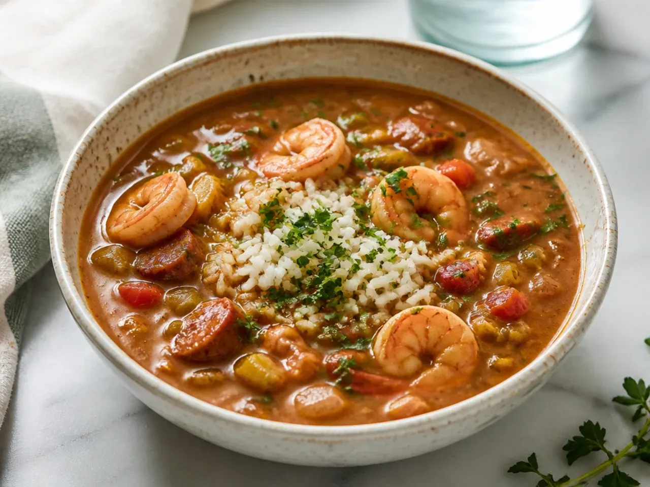 Rustic seafood gumbo recipe made with rich duck stock and shrimp