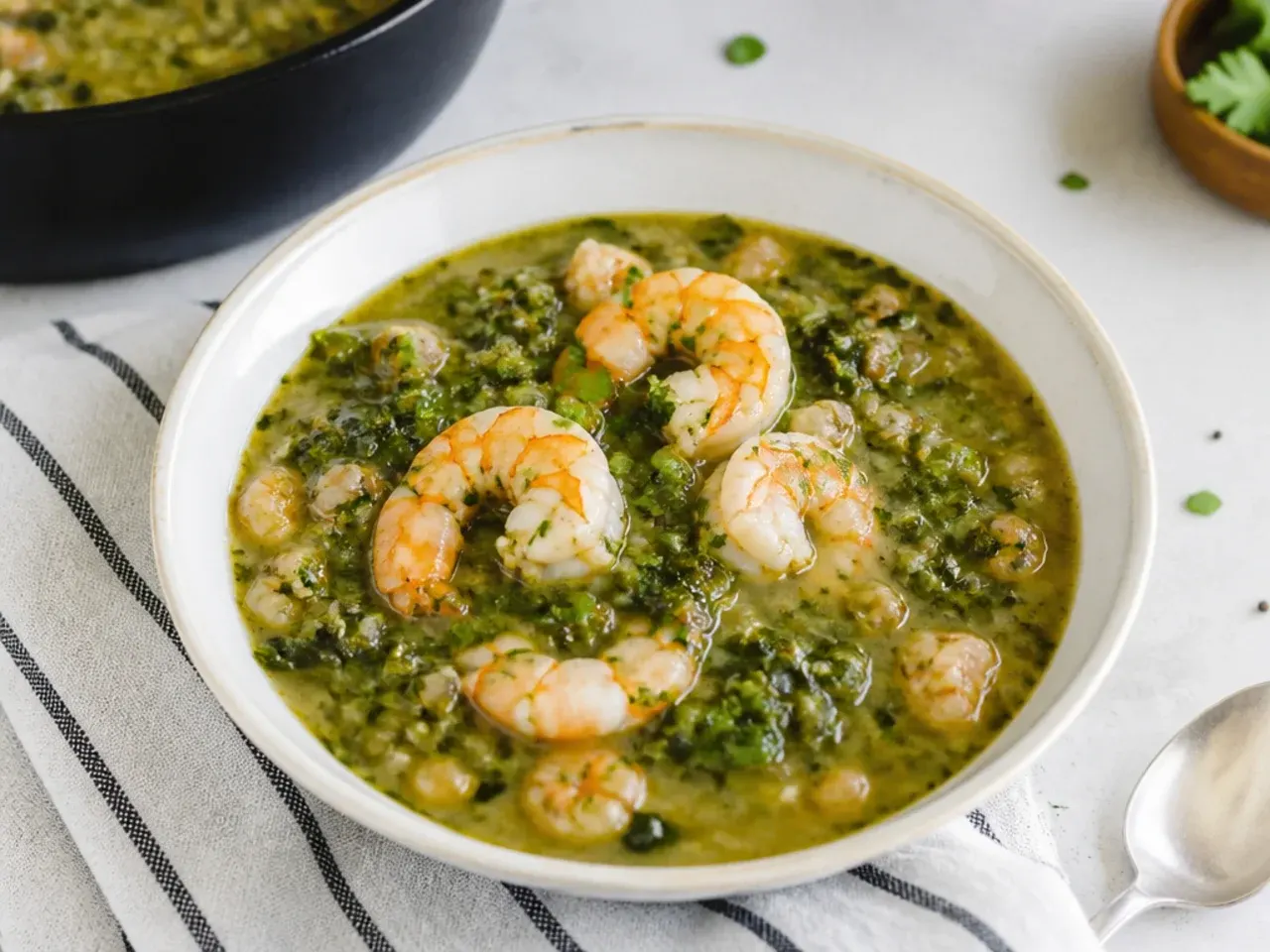 Colorful green seafood gumbo z'herbes recipe with leafy greens and shrimp