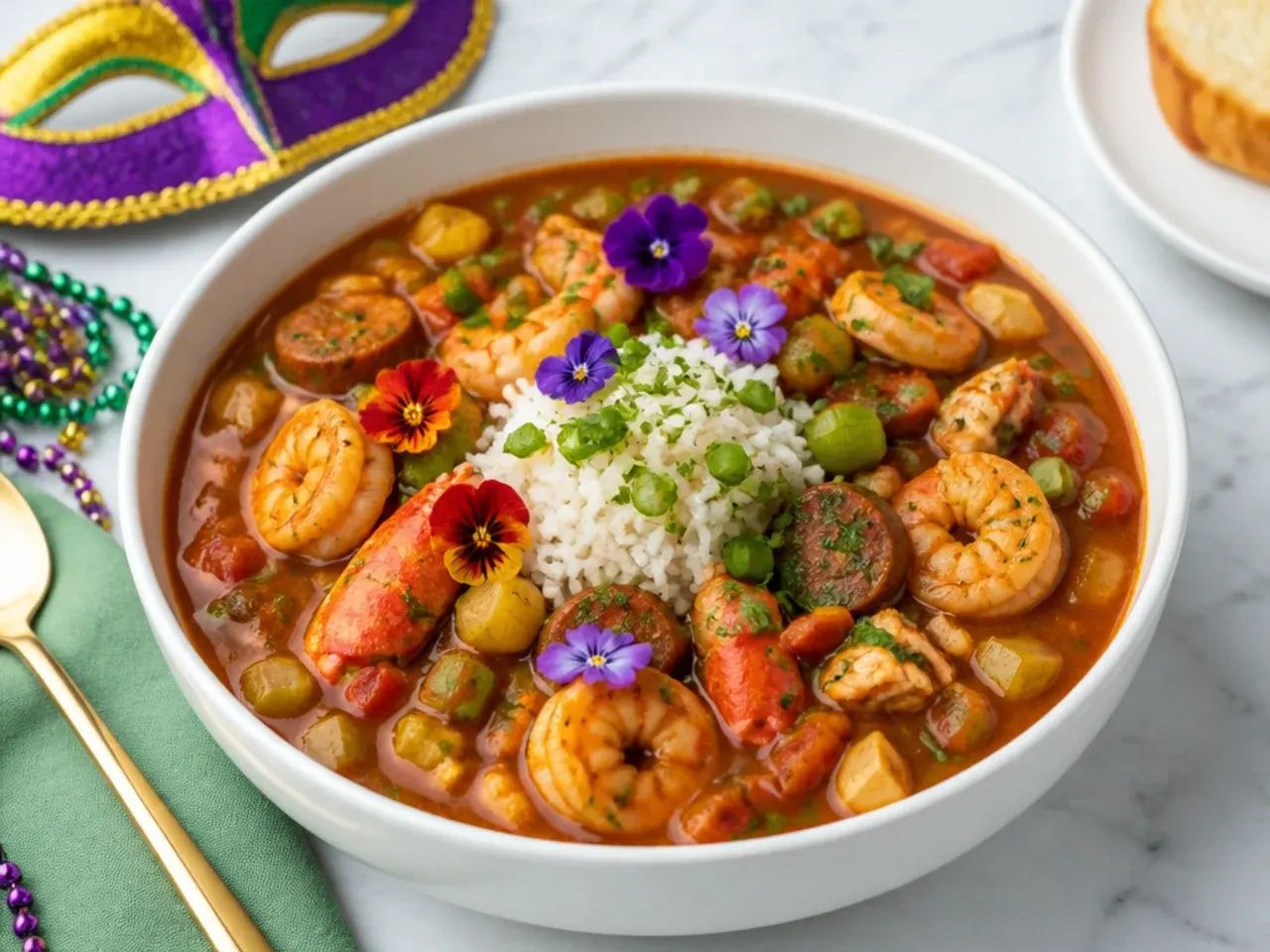 Festive Mardi Gras seafood gumbo recipe garnished in purple, green and gold