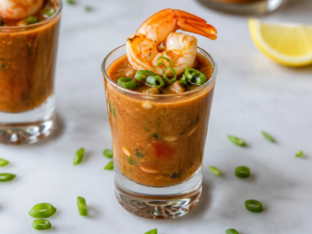 Whimsical mini seafood gumbo shooter recipe served in small glasses with shrimp
