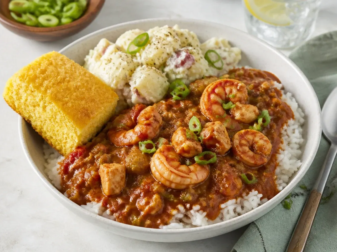 Seafood gumbo recipe served over white rice with potato salad and cornbread
