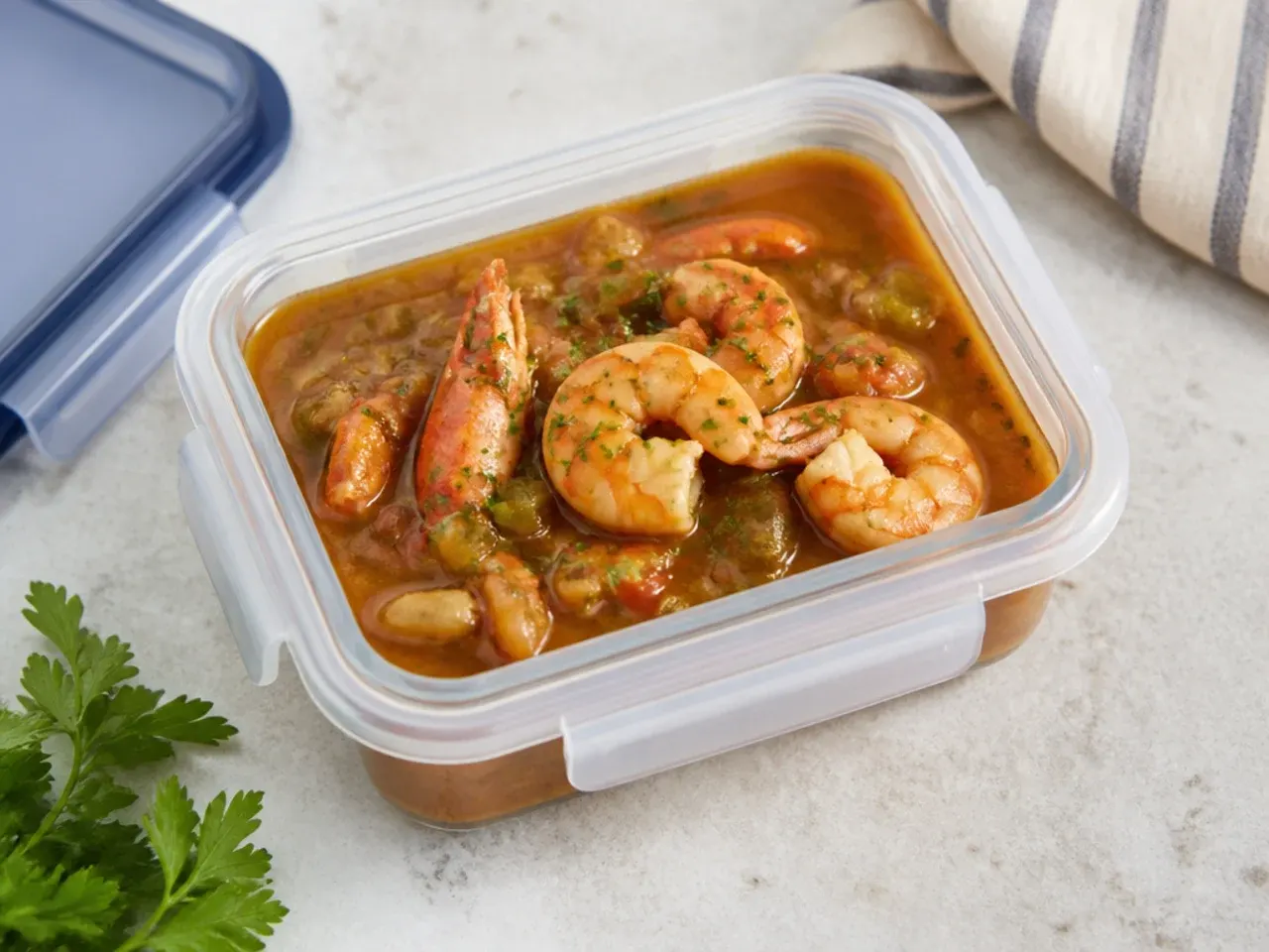 Storing and reheating seafood gumbo recipe in an airtight container