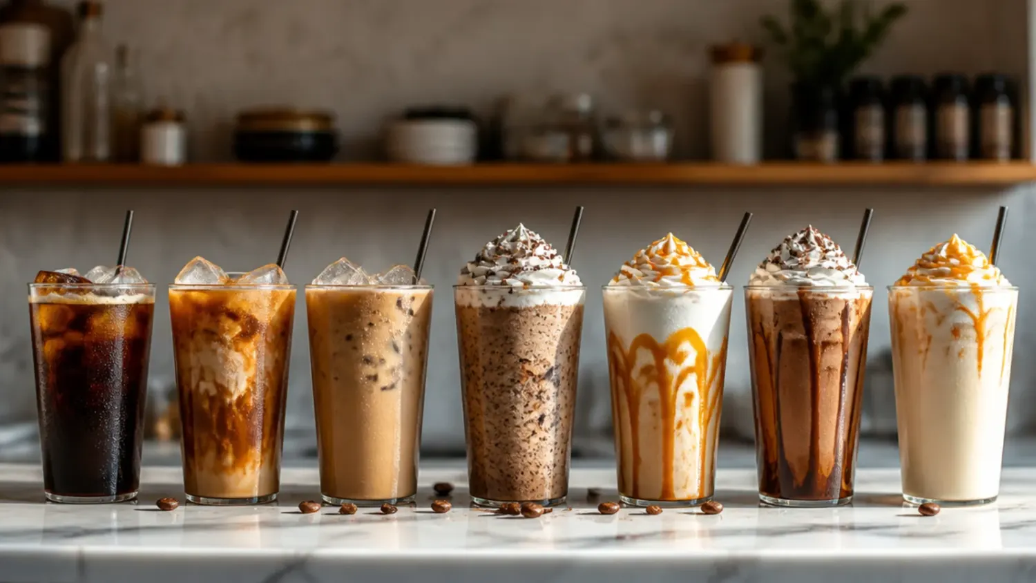 A row of iced copycat seven brew coffee drinks topped with soft top cream and caramel drizzle on a wooden counter