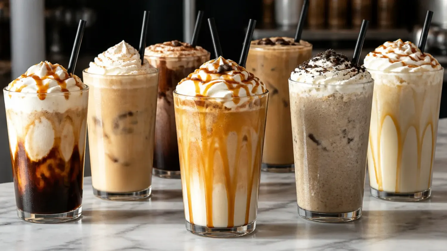 A lineup of colourful iced coffee and energy drinks in clear cups with straws, layered with cream and fruit syrups on a wooden counter