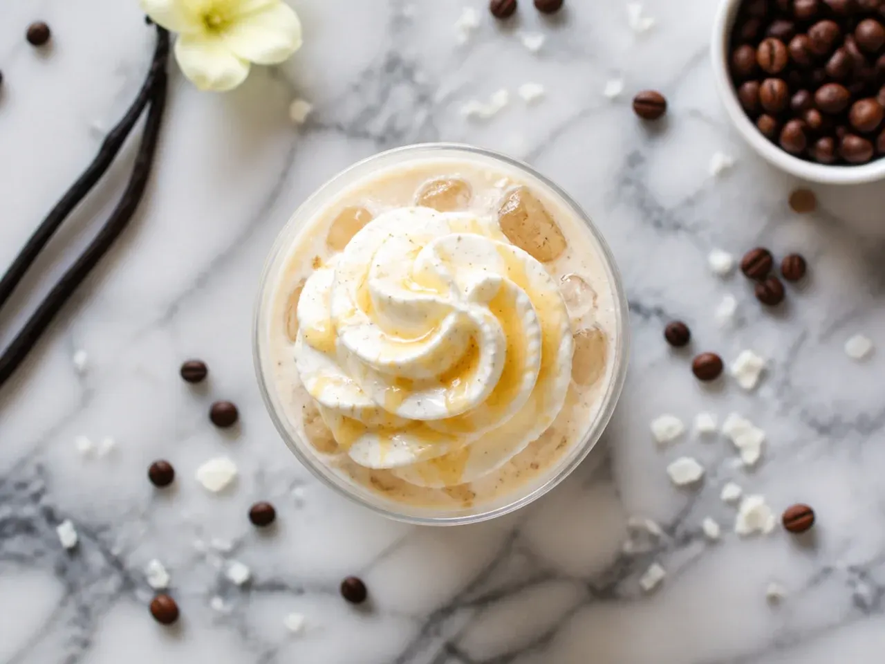 Iced vanilla bean latte in a tall glass with visible espresso layering over milk and ice