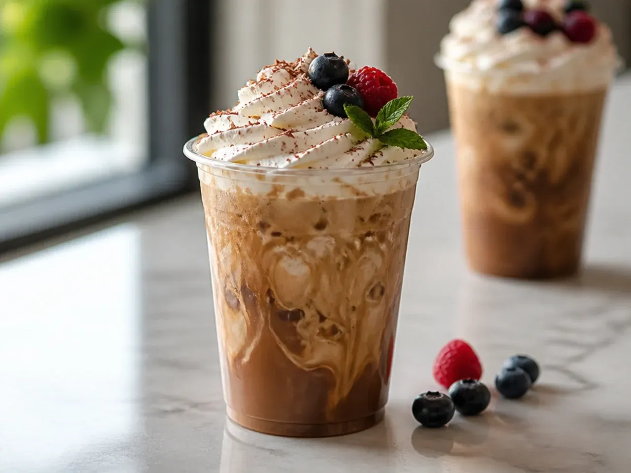Classic iced espresso and cream drink with clean layers in a glass mug