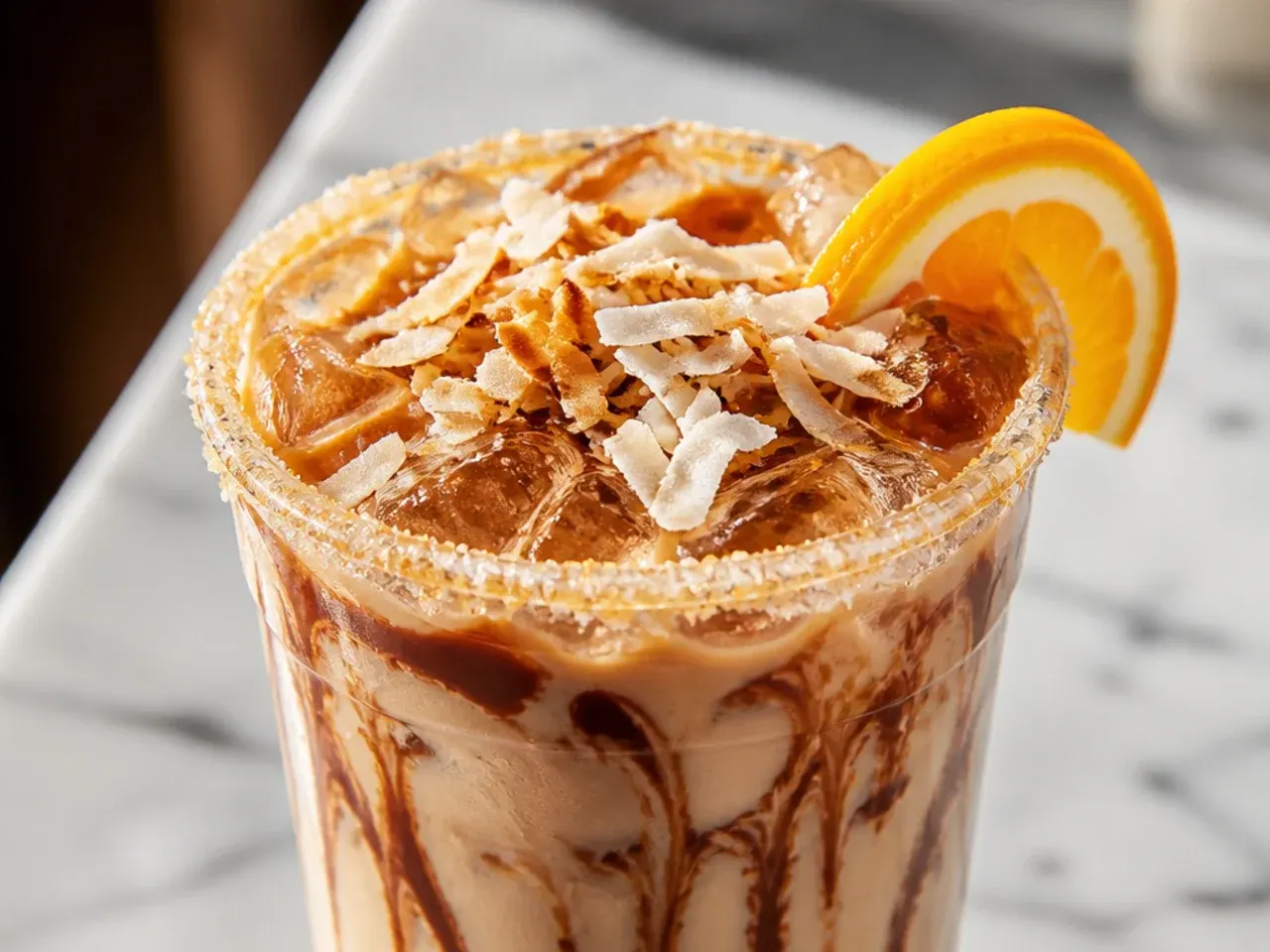 Toasted coconut mocha in a glass topped with coconut flakes and a dark chocolate drizzle
