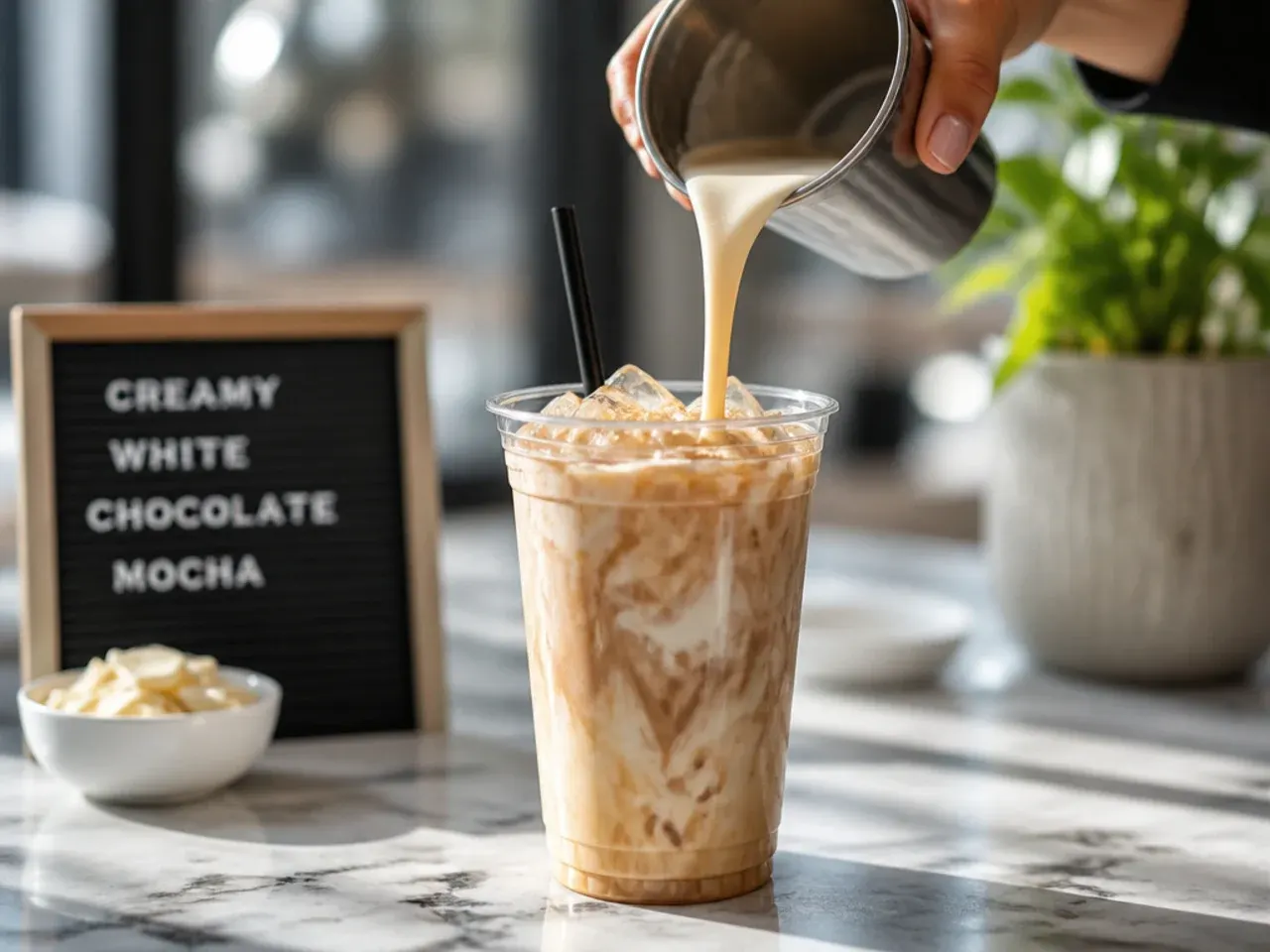 Creamy white chocolate mocha topped with whipped cream and a dusting of cocoa in a clear glass