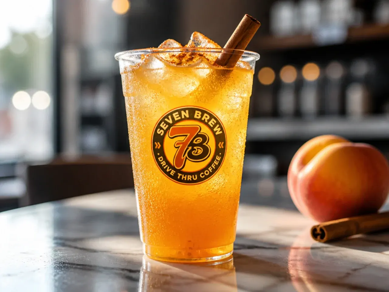 Bright orange peach sparkler energy drink over ice in a tall glass with a slice of peach garnish