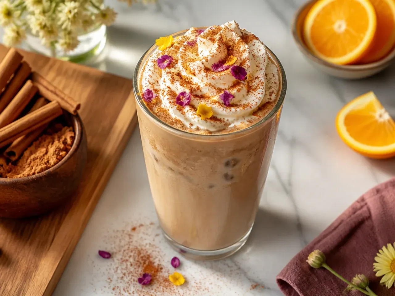 Hot cinnamon dolce latte in a ceramic mug with foam and a dusting of cinnamon on top