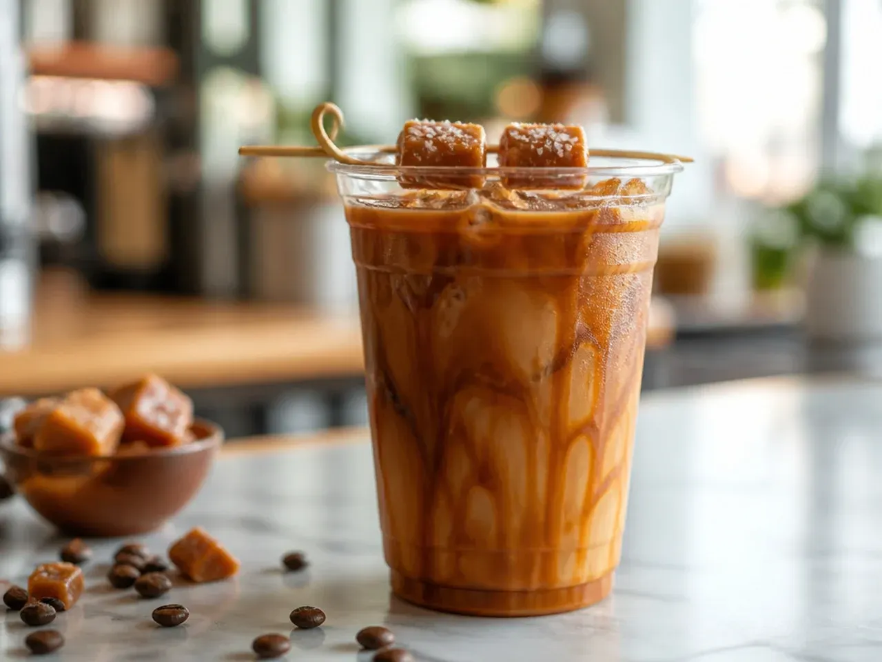 Sweet and salty caramel cold brew with caramel drizzle streaking down the inside of a glass