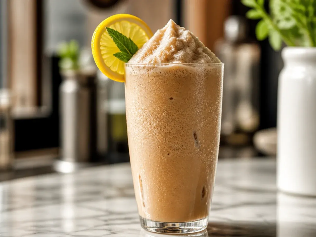 Thick frozen blondie frappe in a glass topped with whipped cream and caramel drizzle