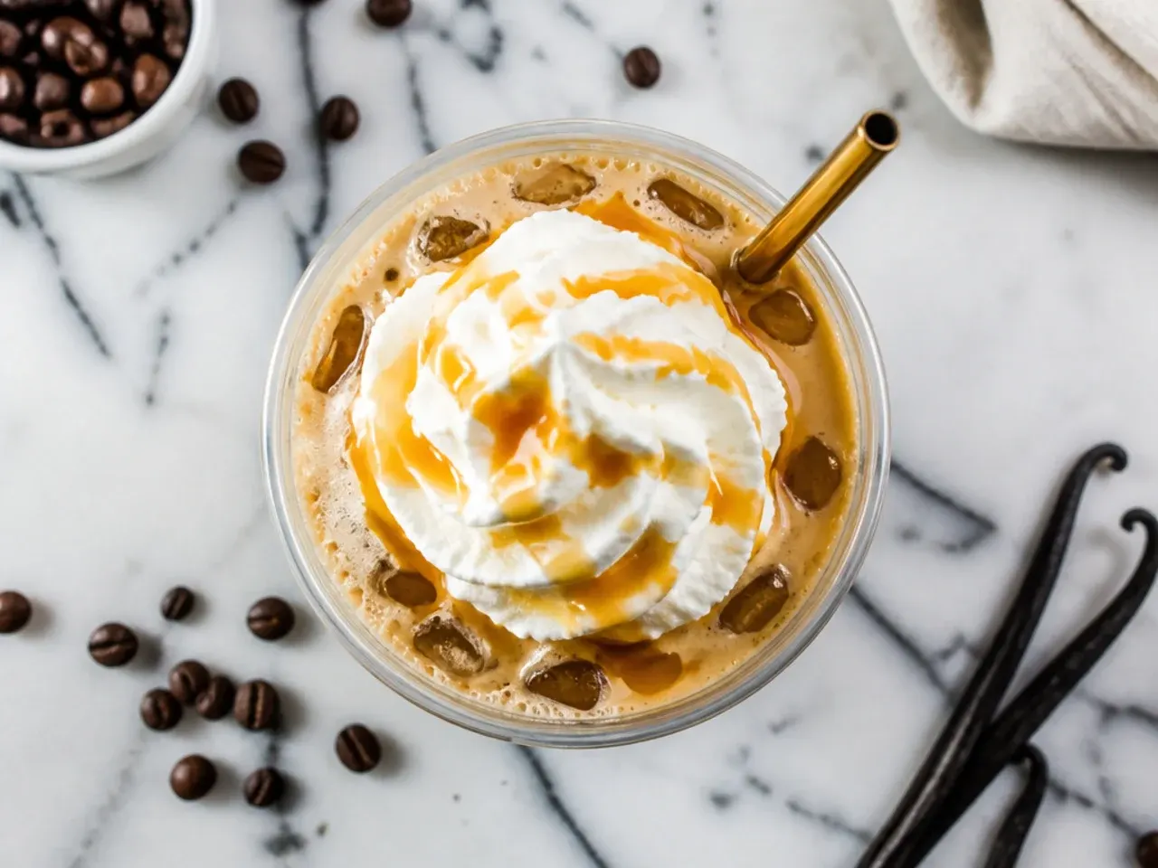 Simple three-ingredient iced vanilla latte in a glass with a straw, minimal garnish
