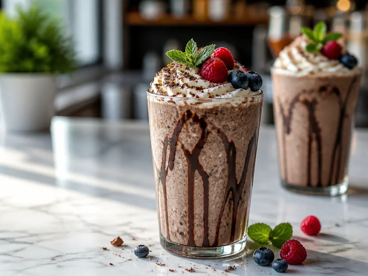 Blended mocha freeze in a glass with chocolate drizzle rings and whipped cream topping