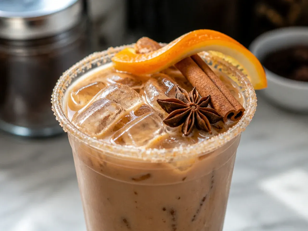 Spiced dirty chai latte in a mug with cinnamon stick garnish and visible espresso swirl