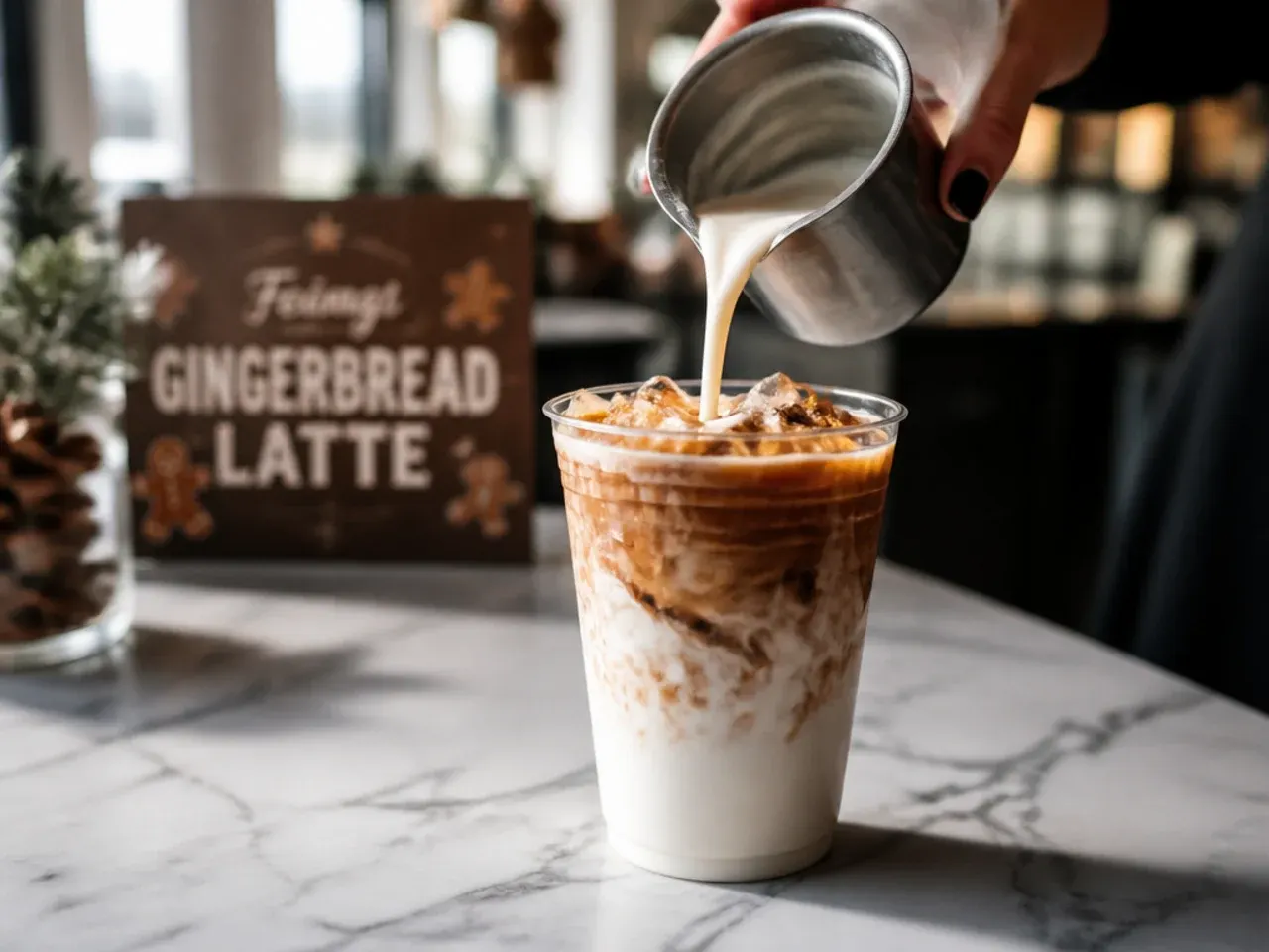 Festive gingerbread latte in a mug topped with whipped cream, cinnamon dust and a small gingerbread cookie