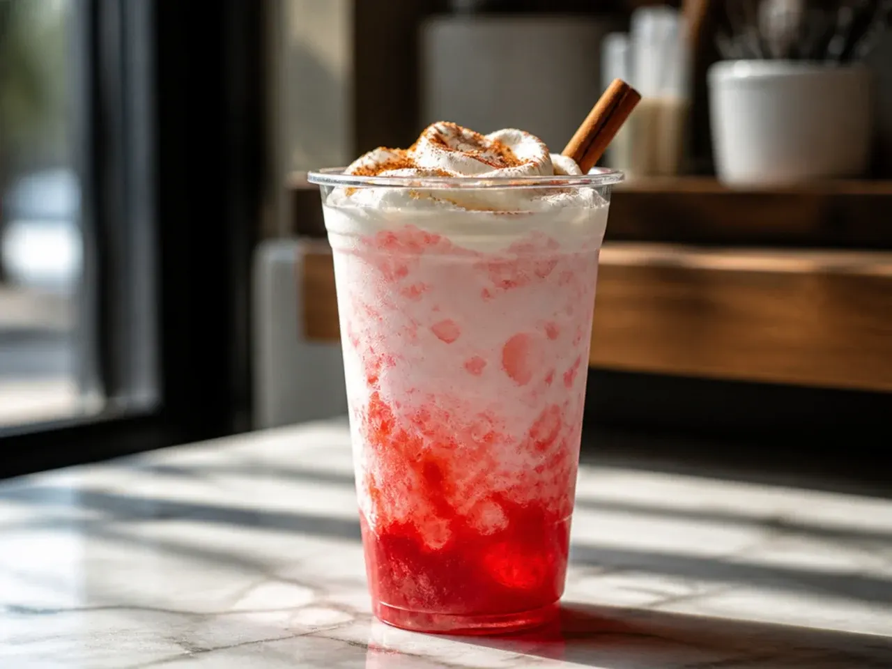 Layered strawberry cream soda in a tall glass showing distinct red, pink and cream stripes