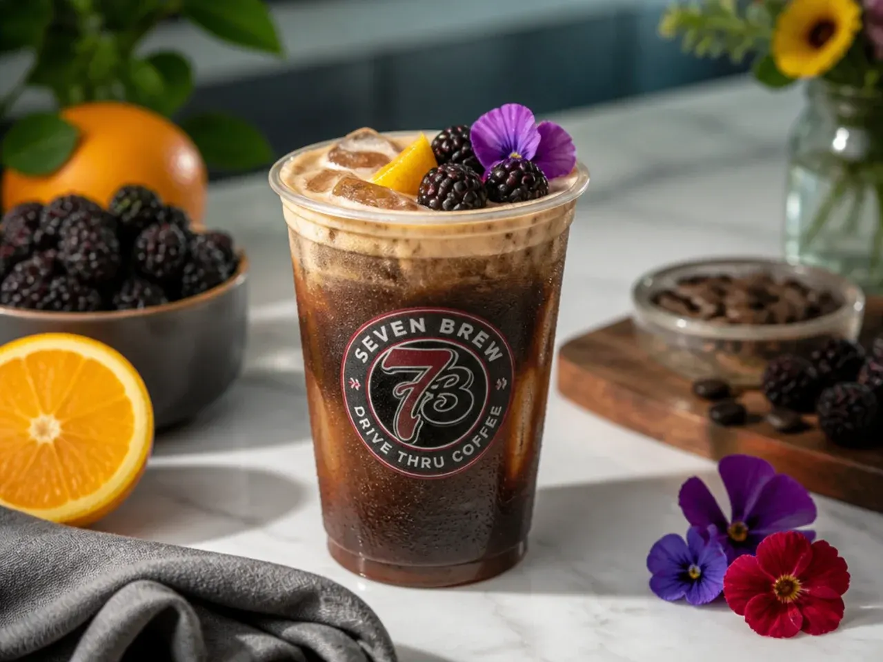 Dark purple-red bold energy drink over ice in a tall glass with berries as garnish
