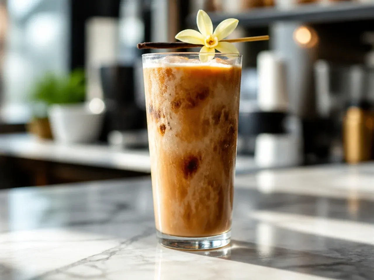 Smooth vanilla cold brew over ice with a swirl of milk in a glass mug