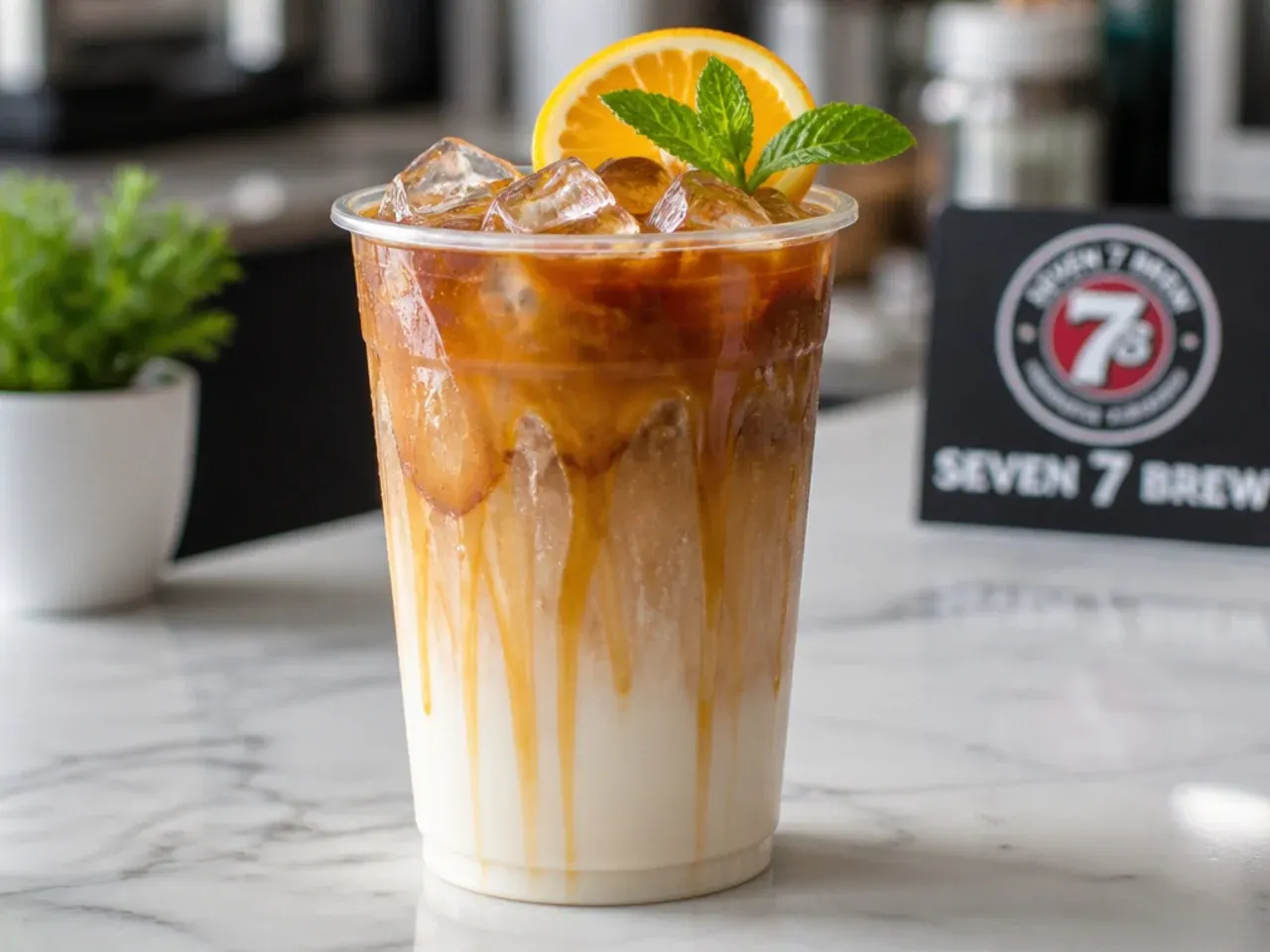 Iced caramel macchiato in a glass with visible layered espresso and caramel crosshatch on top