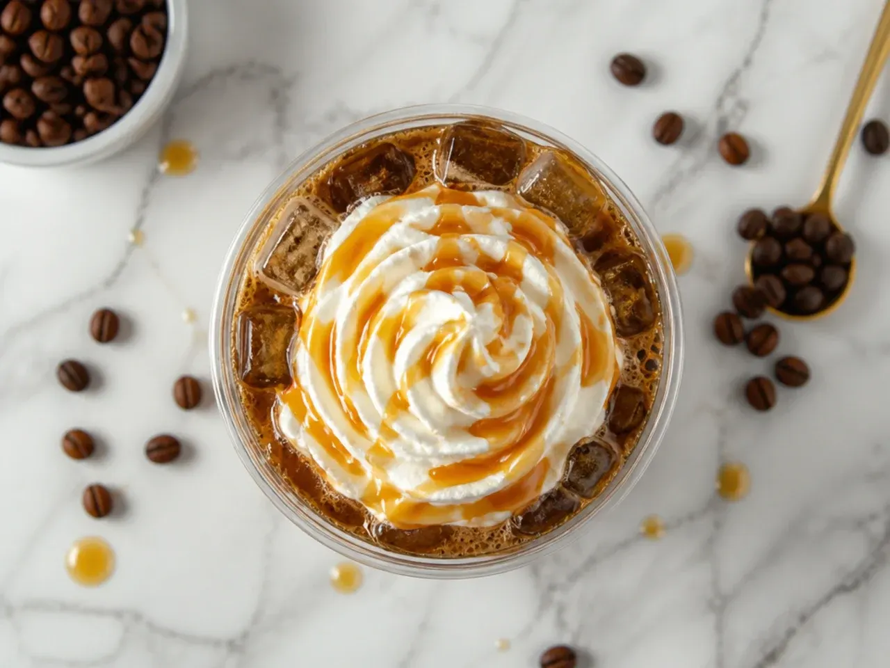 Fizzy iced americano energy drink with visible espresso crema bubbles over ice