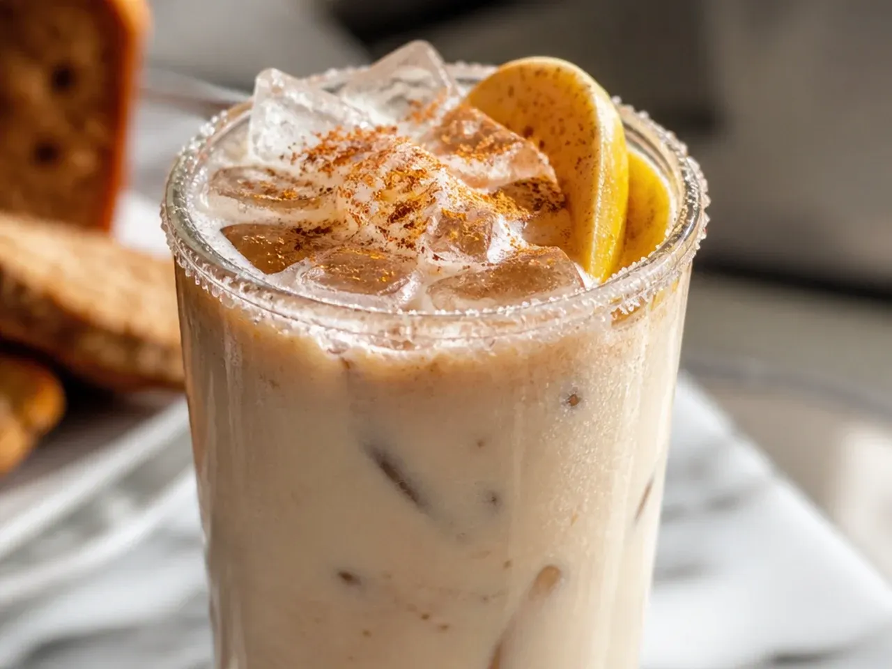 Creamy banana bread latte in a glass with a cinnamon dusting and banana slice garnish