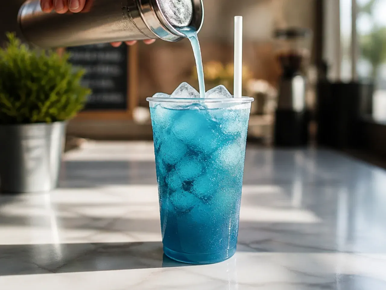 Bright blue tropical ocean breeze energy drink over ice with a pineapple wedge garnish