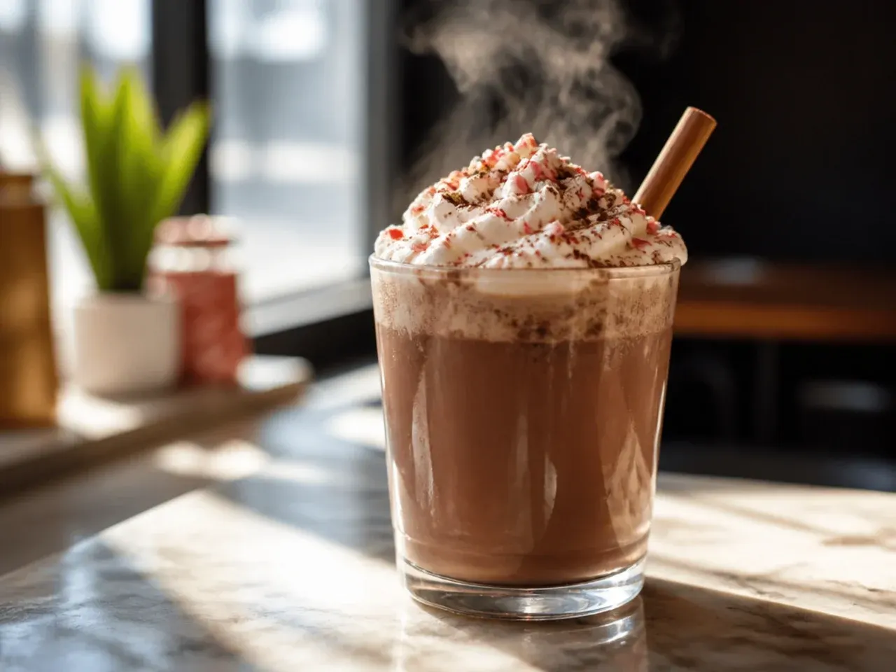 Hot peppermint mocha in a mug topped with whipped cream and crushed candy cane