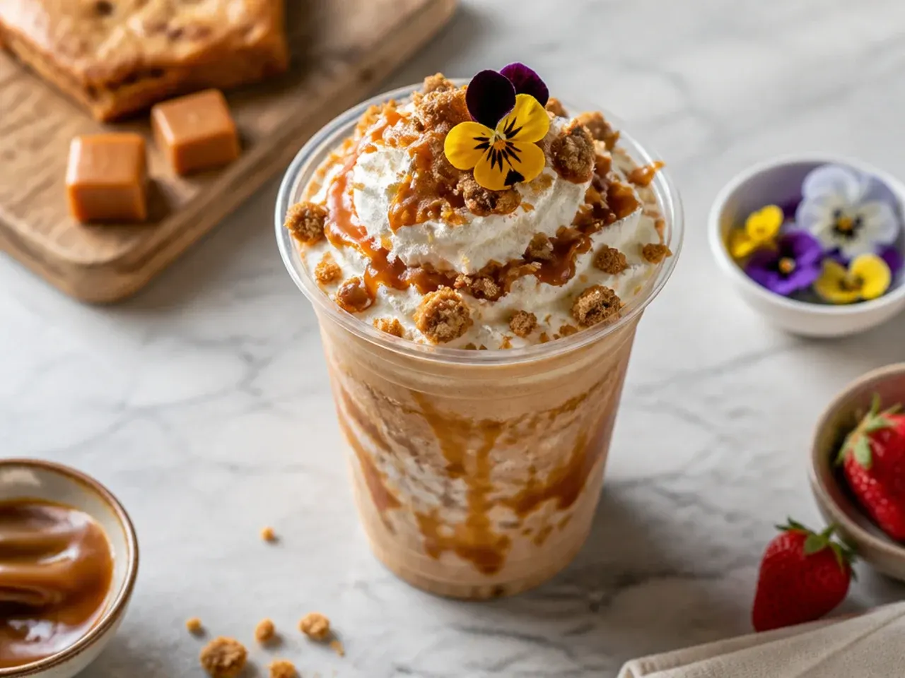 Frozen salted caramel blondie in a glass with caramel drizzle and flaky sea salt on top