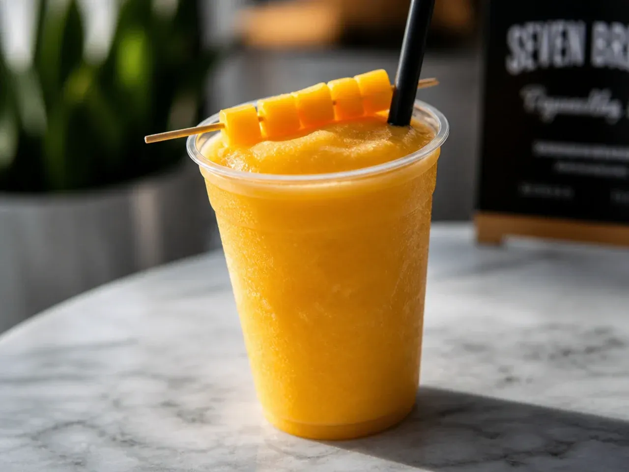 Bright orange frozen mango energy slush in a glass with a wide straw