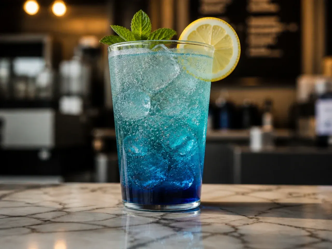 Bright blue raspberry energy fizz drink over ice in a clear glass