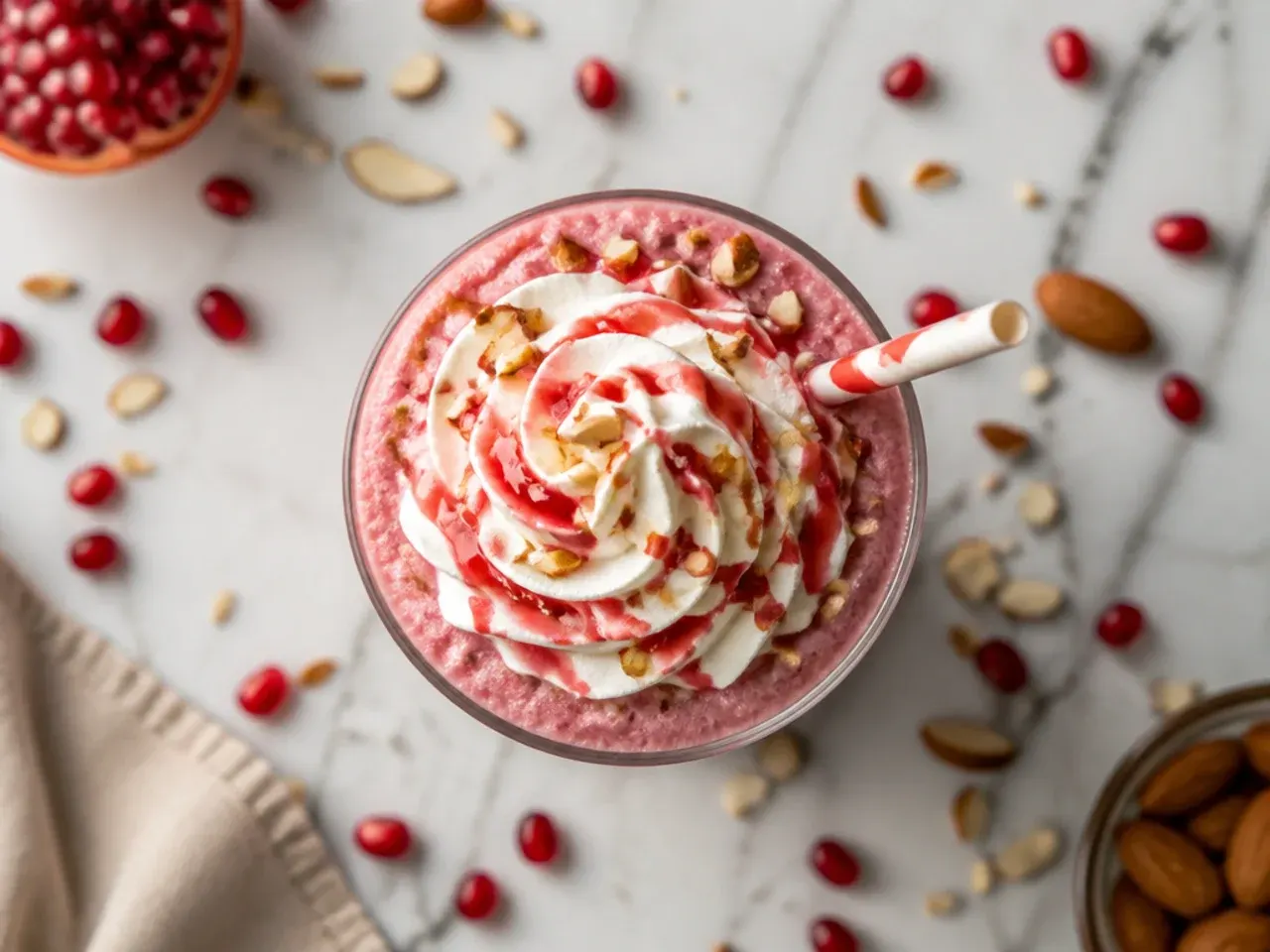 Blended pomegranate almond energy drink in a glass garnished with pomegranate arils