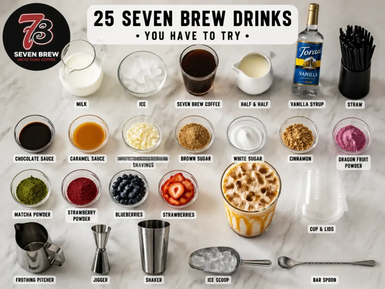 Close-up of hands pouring flavoured syrup into an iced coffee drink with syrup bottles in the background